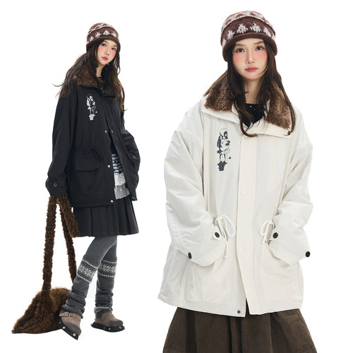 美式复古座山雕连帽派克棉服女