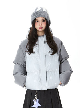 Double L2 美式撞色立领短款棉服外套女冬宽松百搭面包服连帽棉衣