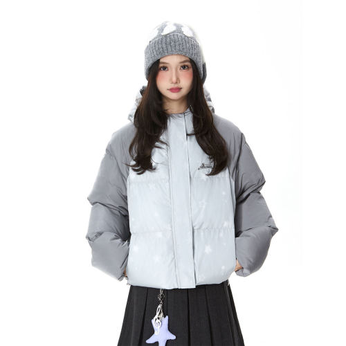 美式撞色立领短款棉服外套女冬季