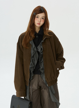 Double L2 美式复古荷叶边可拆卸飘带外套女新款宽松休闲夹克上衣