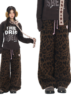 Double L2 美式高街豹纹直筒休闲裤女百搭小众设计感厚款拖地长裤