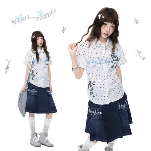 Double L2 韩系少女音符白色波点短袖衬衫女轻亚修身显瘦正肩上衣