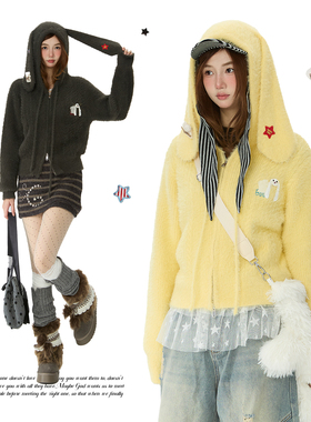 Double L2 美式复古学院风连帽毛衣女兔耳朵宽松休闲慵懒风针织衫