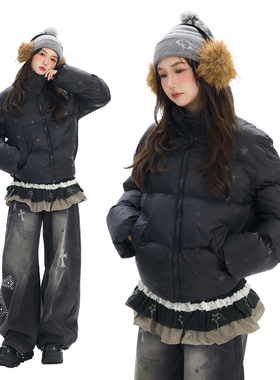 Double L2 美式满印星星立领棉服女2025年冬季新款保暖面包服外套