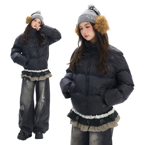 Double L2 美式满印星星立领棉服女2025年冬季新款保暖面包服外套