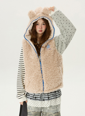 Double L2 小熊耳朵连帽马甲棉服女冬羊羔毛美式复古坎肩背心外套