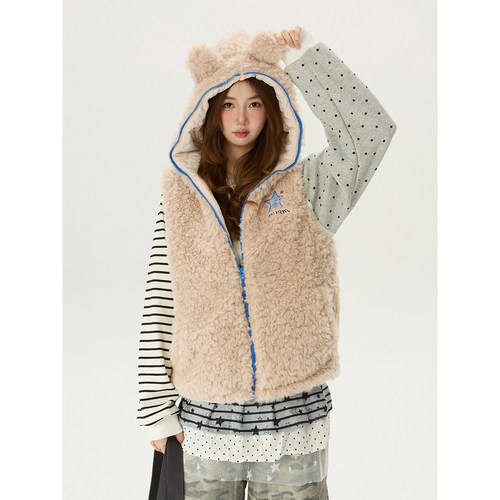 小熊耳朵连帽马甲棉服女冬季
