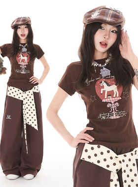 Double L2 美式苹果印花正肩短袖t恤女辣妹短款修身显瘦圆领上衣