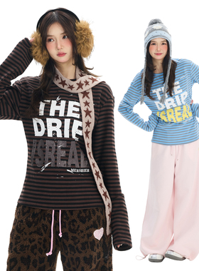 Double L2 美式复古条纹字母印花长袖T恤女慵懒风休闲打底衫上衣