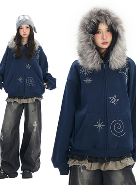 Double L2 美式复古烫钻毛领连帽卫衣冬季加绒休闲百搭设计感外套