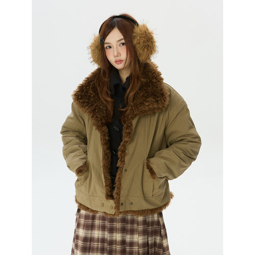 美式复古羊羔绒翻领棉服外套女