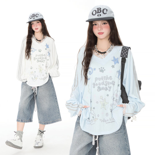 亚萌感卡通蕾丝V领长袖T恤女