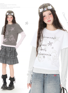 Double L2  亚比风假两件条纹拼接打底上衣女撞色涂鸦美式长袖T恤