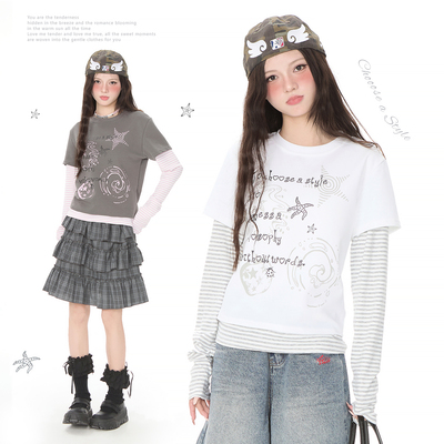 亚比风假两件条纹拼接打底上衣女