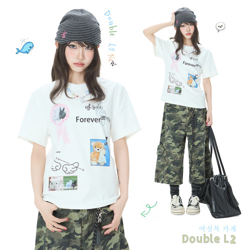 Double L2 甜美趣味卡通印花短袖T恤女夏宽松百搭小个子圆领上衣
