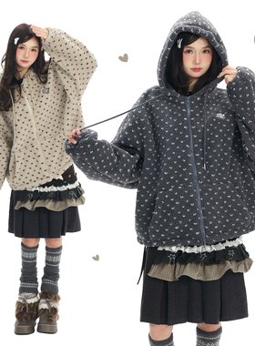 Double L2 羊羔毛夹棉加厚连帽棉服外套女慵懒风美式复古情侣棉衣