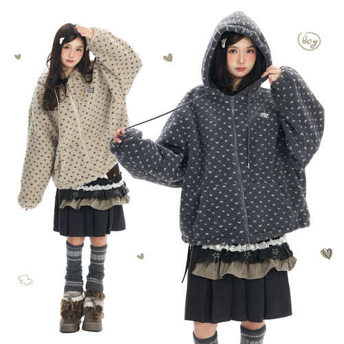 羊羔毛夹棉加厚连帽棉服外套女
