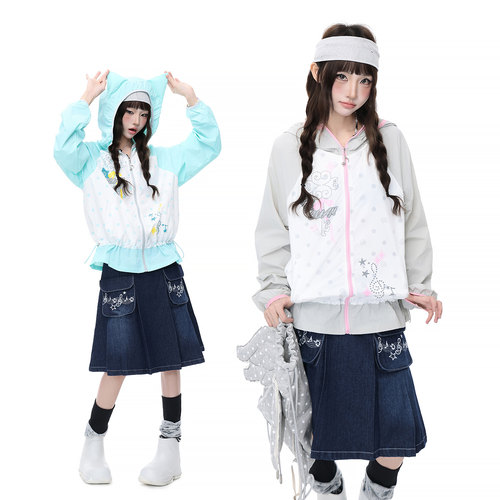 Double L2 可爱休闲风波点刺绣防晒服女透气防紫外线连帽拉链外套