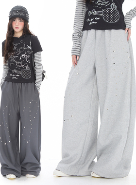 Double L2 美式复古重工铆钉设计感直筒卫裤男女慵懒风宽松阔腿裤