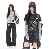 轻亚风星星贴布条纹拼接连帽长袖 Double t恤女收腰显瘦y2k上衣