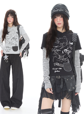 Double L2 轻亚风星星贴布条纹拼接连帽长袖t恤女收腰显瘦y2k上衣