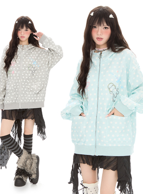 Double L2  韩系猫咪五角星满印连帽卫衣女春宽松慵懒风开衫外套