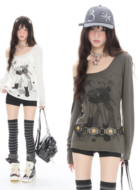 Double L2 美式复古假两件斜肩长袖t恤女春季新款设计感宽松上衣
