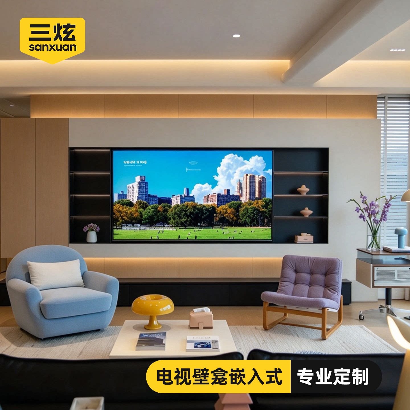 定制85寸不锈钢电视机壁龛嵌入式定制悬浮电视背景墙壁龛金属75