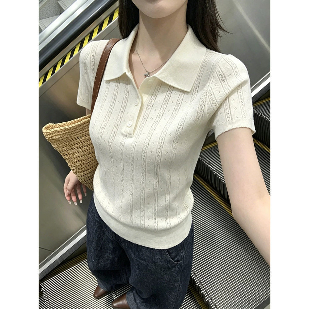 欧洲站夏天巨好看的凉感polo领冰丝针织短袖t恤女别致小衫上衣