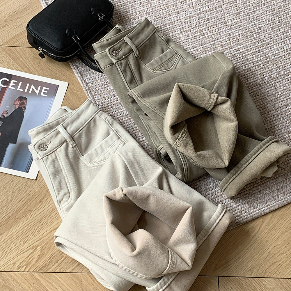 复古灰杏高腰直筒牛仔裤女加绒加厚保暖阔腿裤冬季韩版显瘦拖地裤