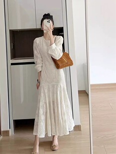 欧洲站法式名媛茶歇连衣裙女2026春季新款高级感雪纺刺绣鱼尾长裙