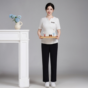 新款夏天足浴足疗美容技师工作服女高端养生馆松紧美容院职业套装