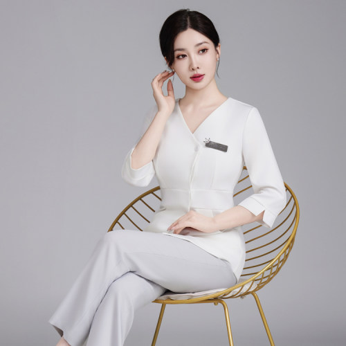 韩式美容院工作服女中袖高级感会所皮肤管理师医美技师服弹性套装