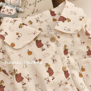 睡衣女套装 长裤 田园风纯棉磨毛家居服翻领长袖 可外穿 南瓜小兔