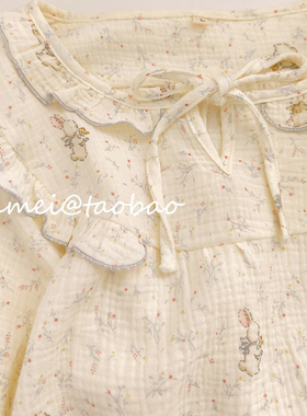 【森林小兔】柔软纯棉纱布甜美透气睡衣女款长袖家居服套装春夏款