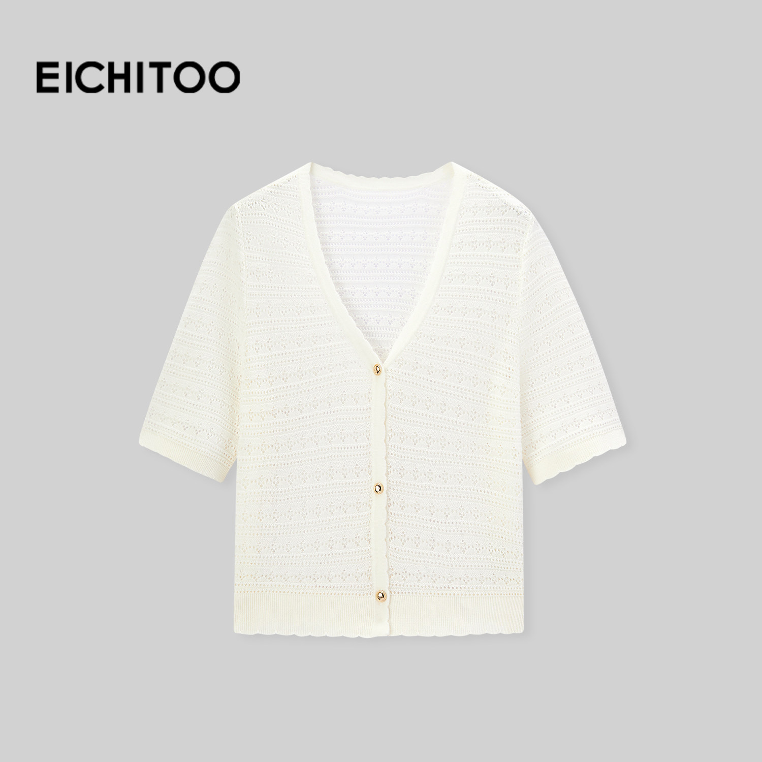 爱居兔镂空V领白色针织开衫女夏季新款气质显瘦短袖上衣