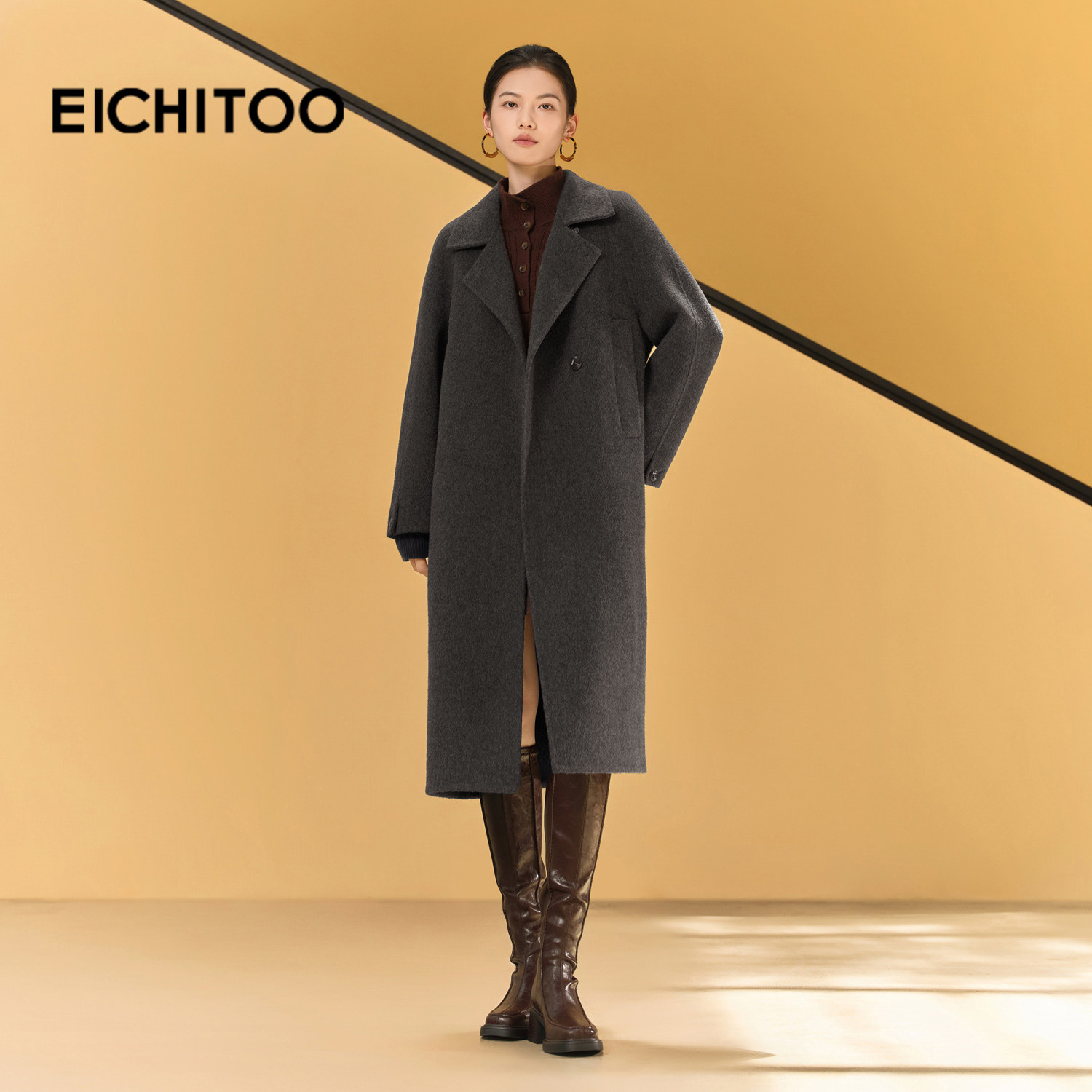 爱居兔骆驼绒牦牛绒双面呢大衣2025年冬季新款女深咖高品质外套