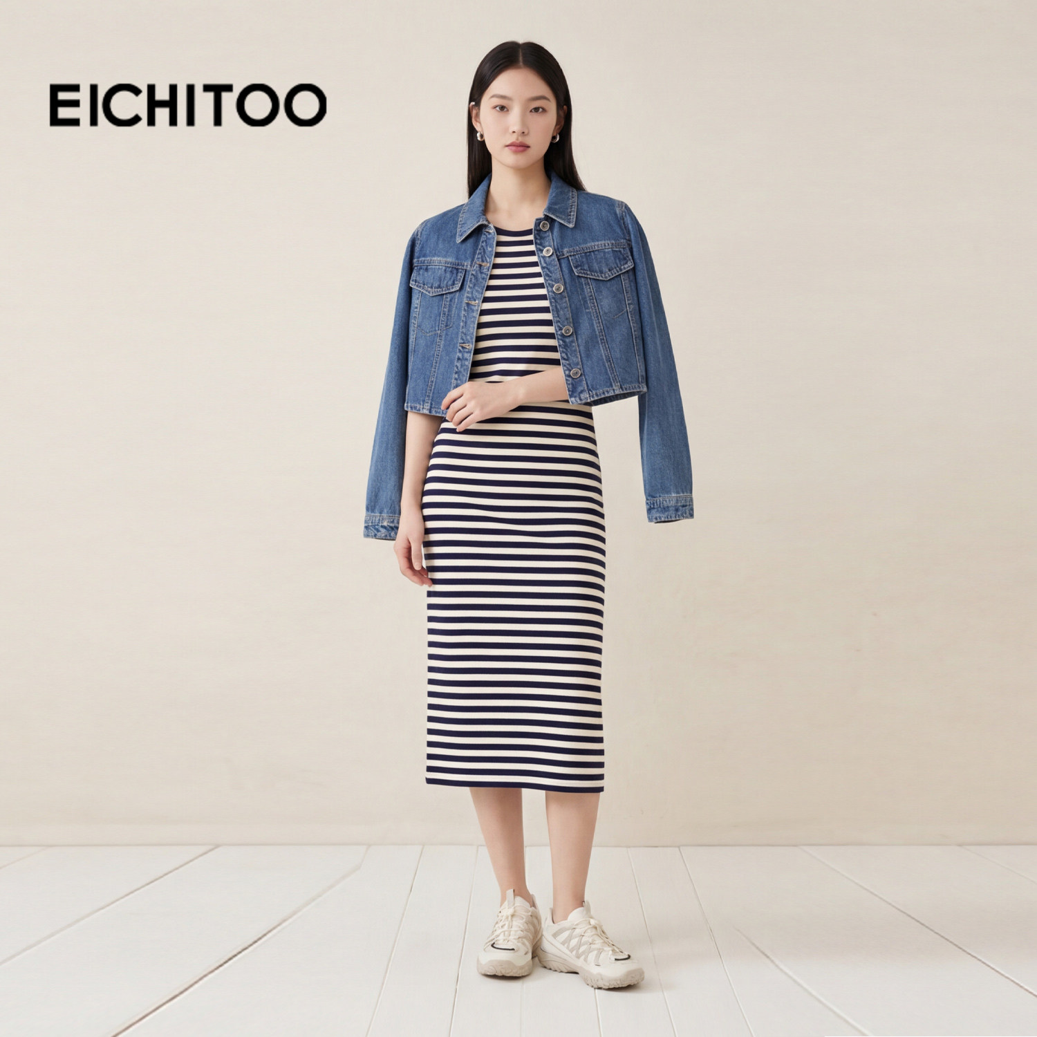 爱居兔时尚套装女2026年春季新款设计感条纹连衣裙搭牛仔短外套