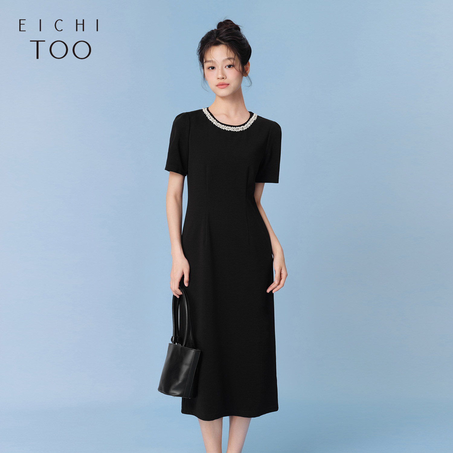 爱居兔夏季新款简约大气基础圆领小黑裙赫本风连衣裙