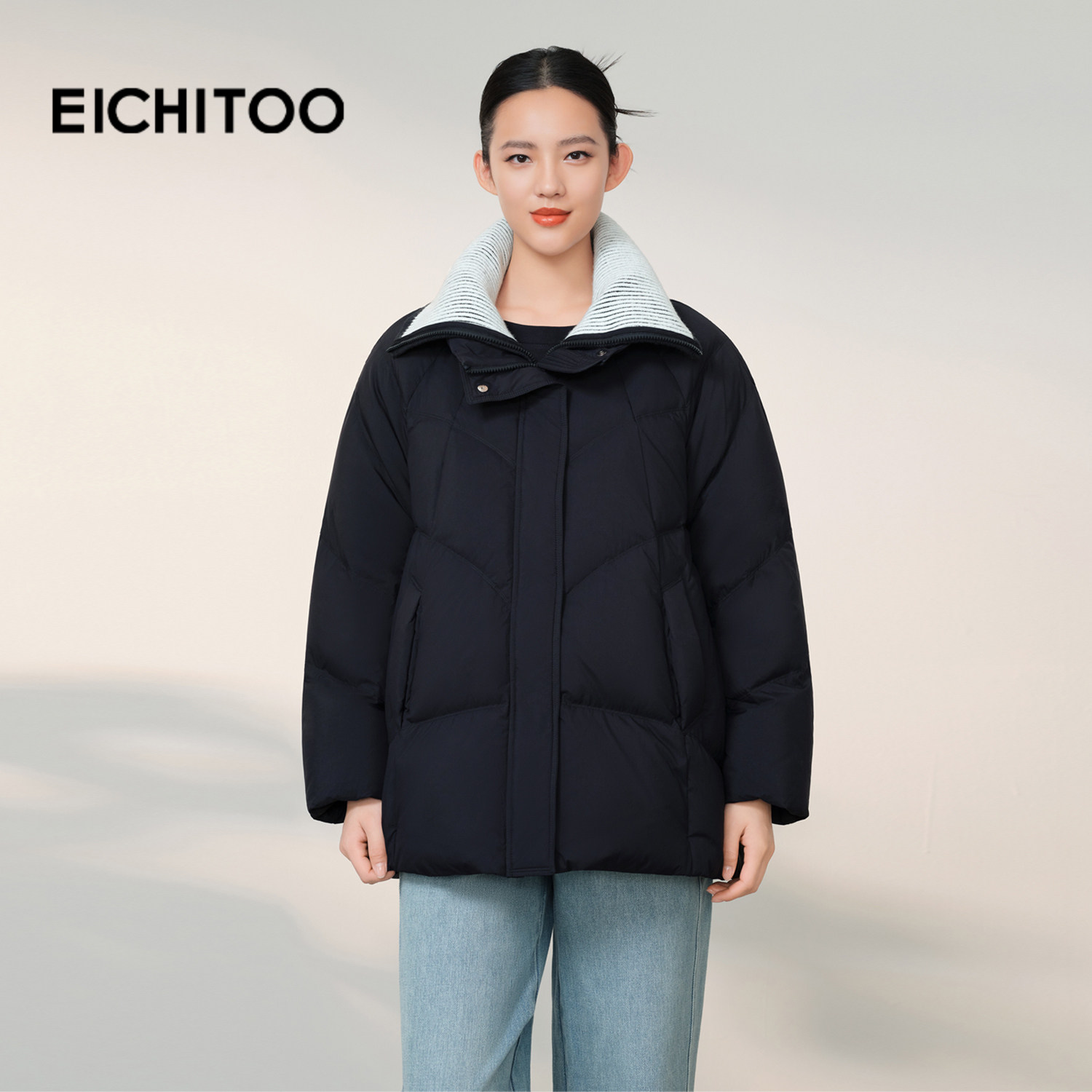 爱居兔针织翻领撞色羽绒服女2025年冬季新款插袋宽松保暖外套