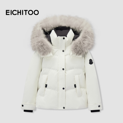 爱居兔休闲短款羽绒服女2025年冬季新款连帽大毛领时髦保暖外套