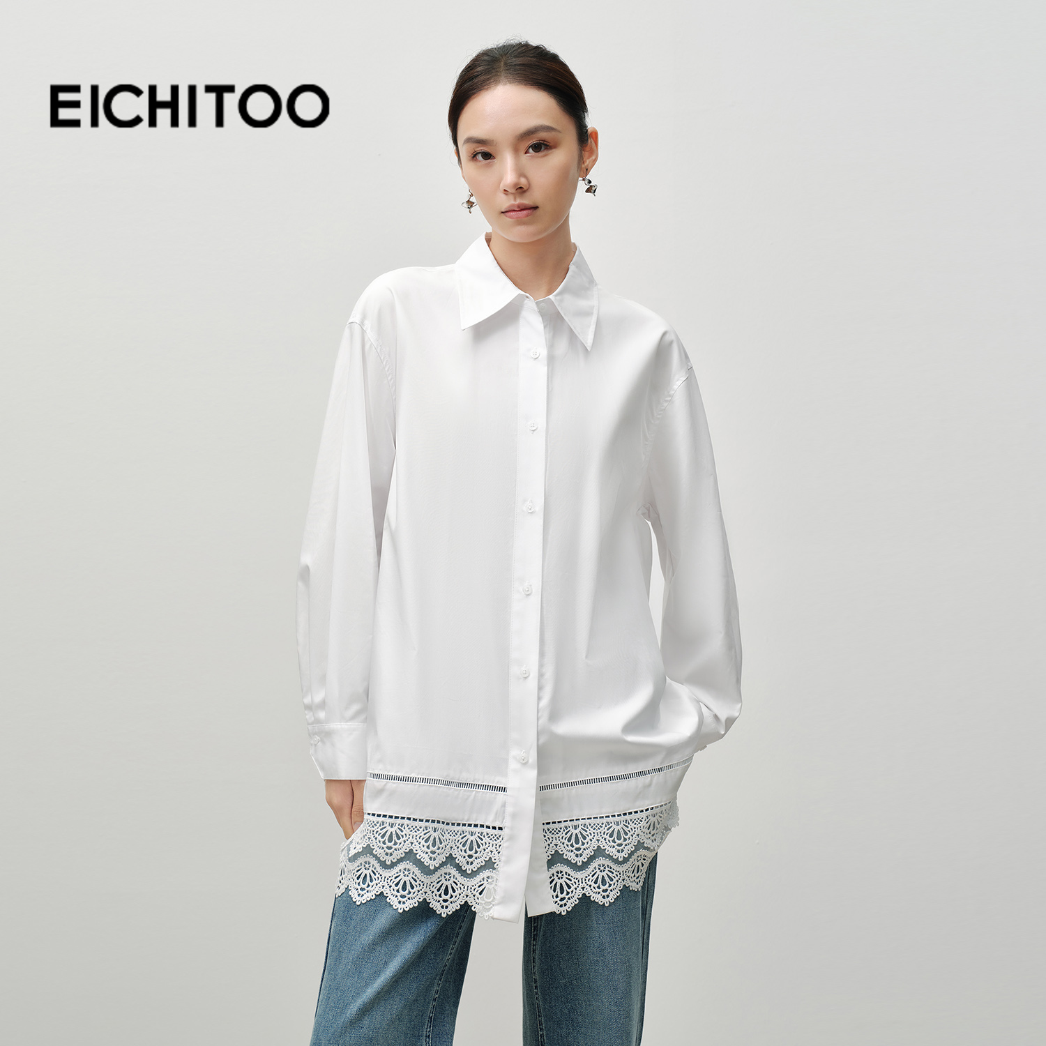 含天丝面料 基础百搭白色 下摆拼接蕾丝设计