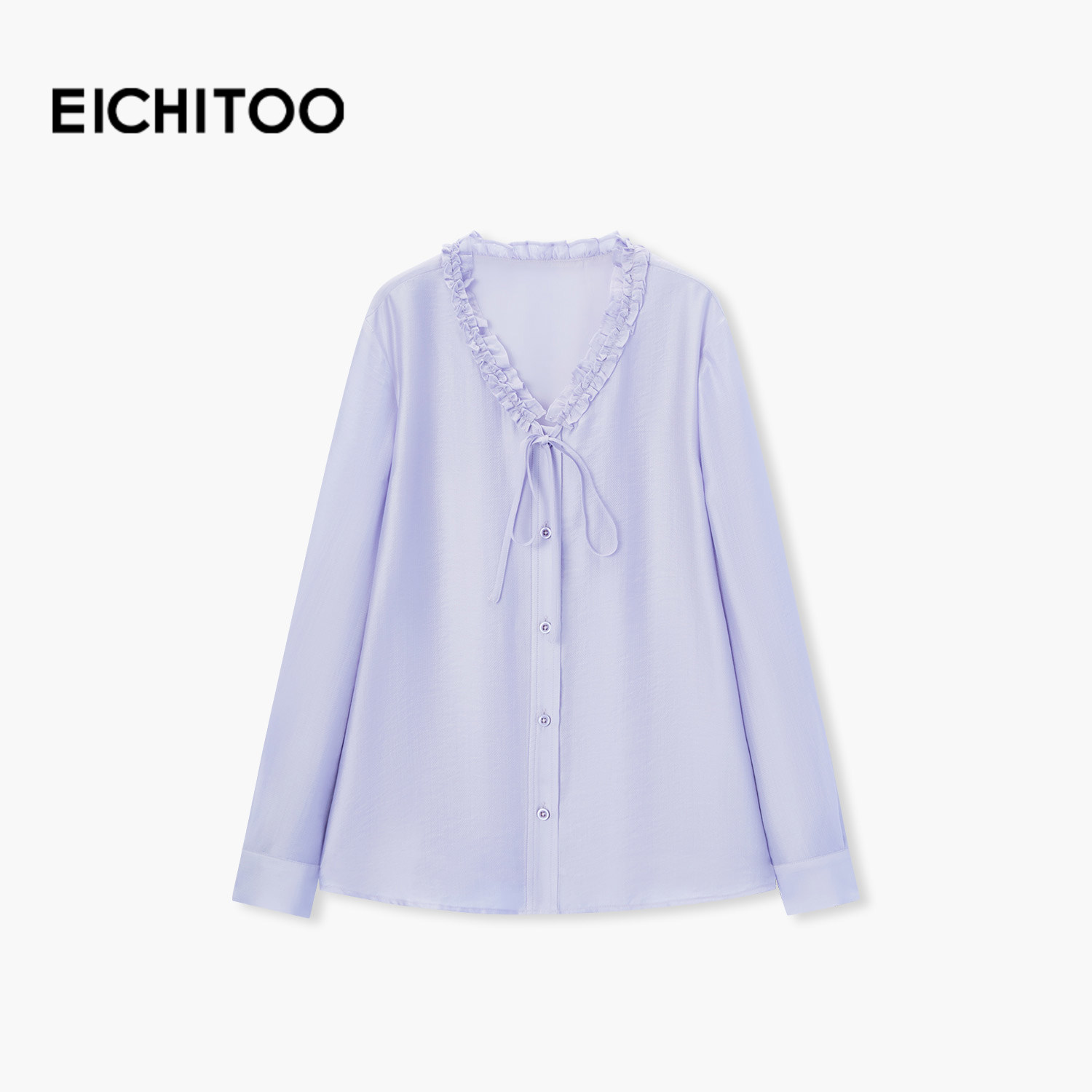 爱居兔法式木耳边浅紫色V领衬衫女2026夏新款高级设计感长袖上衣