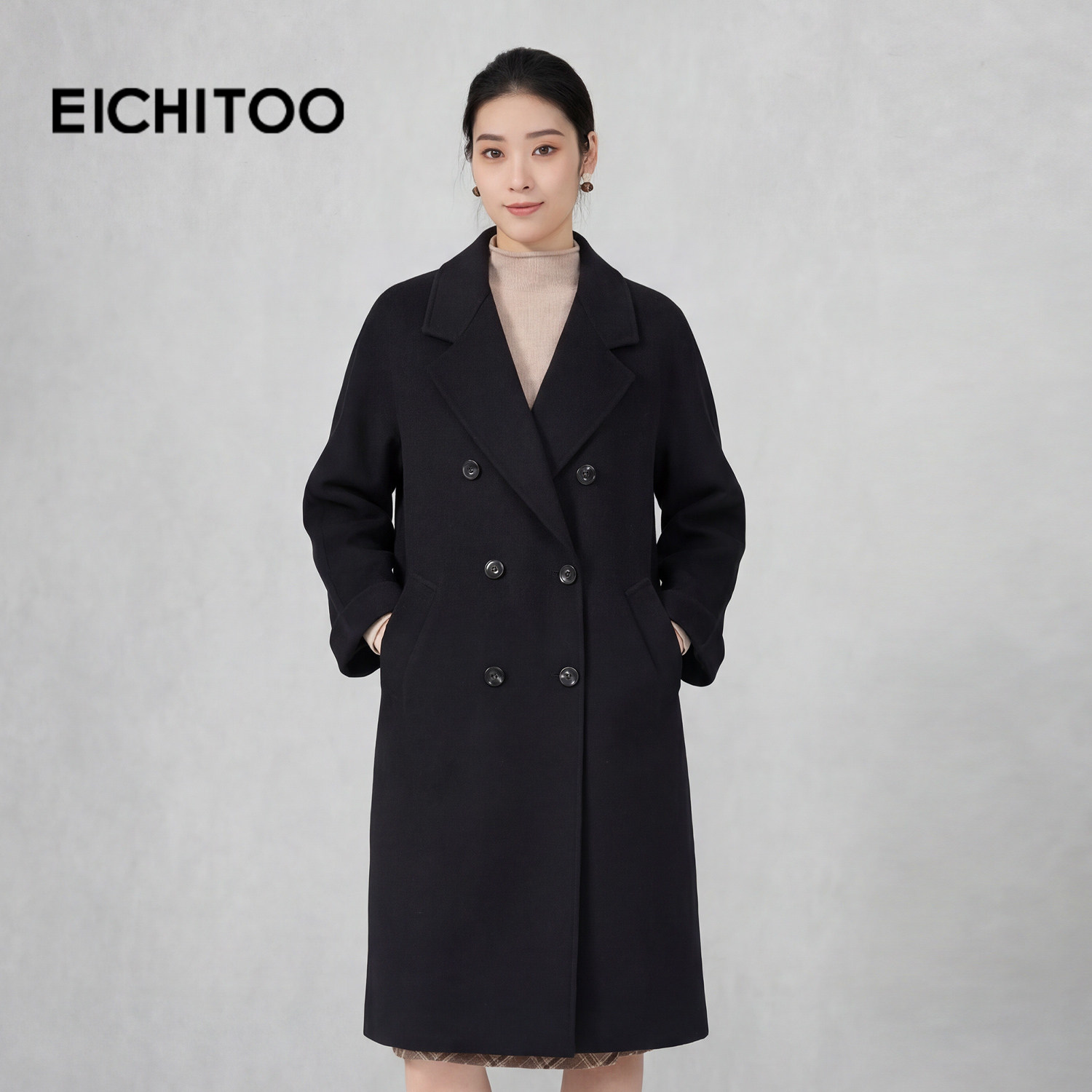 爱居兔气质翻领双面呢大衣2025年冬季新款女中长款绵羊毛毛呢外套