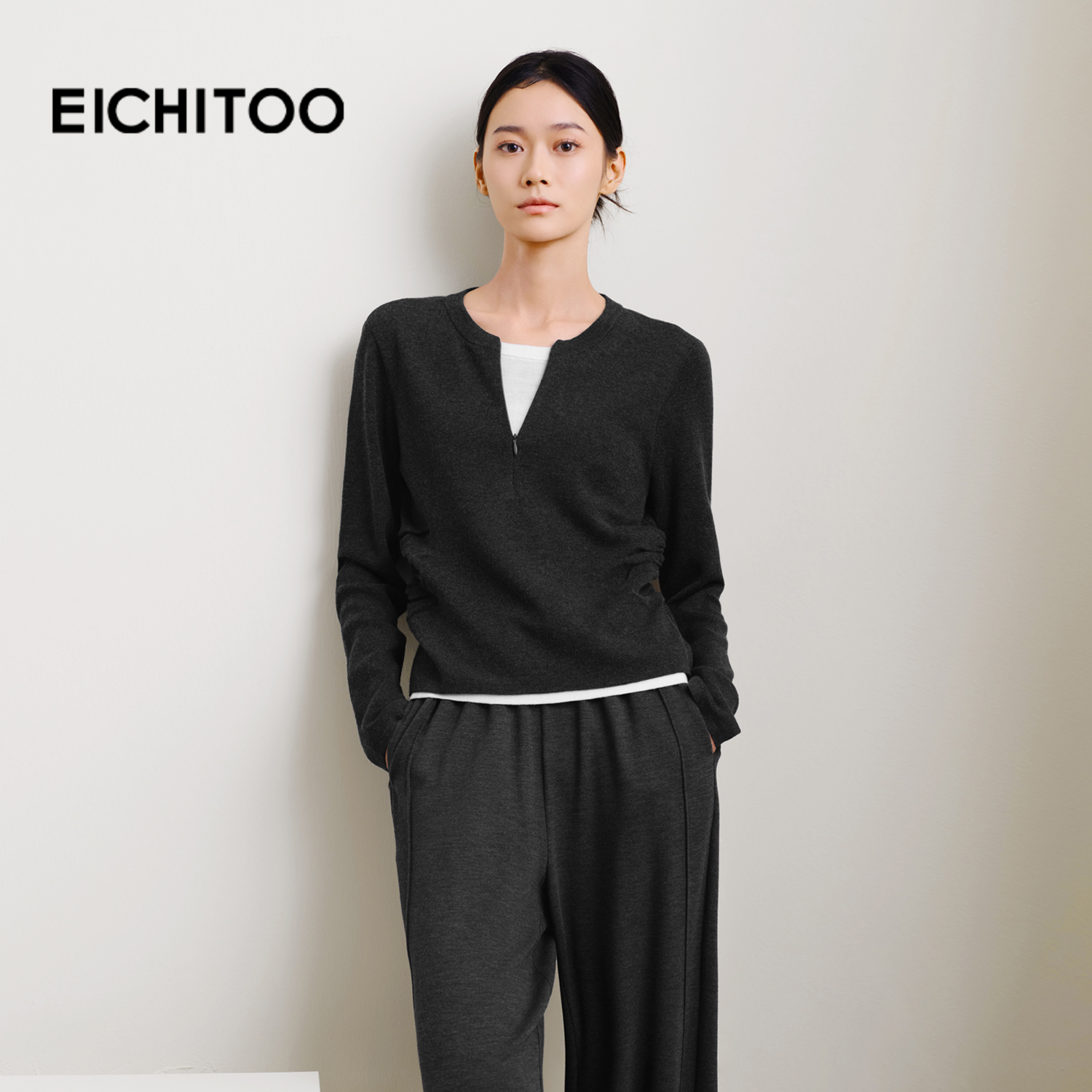 爱居兔绵羊毛假两件针织衫女2025年秋季新款半拉链柔软长袖上衣