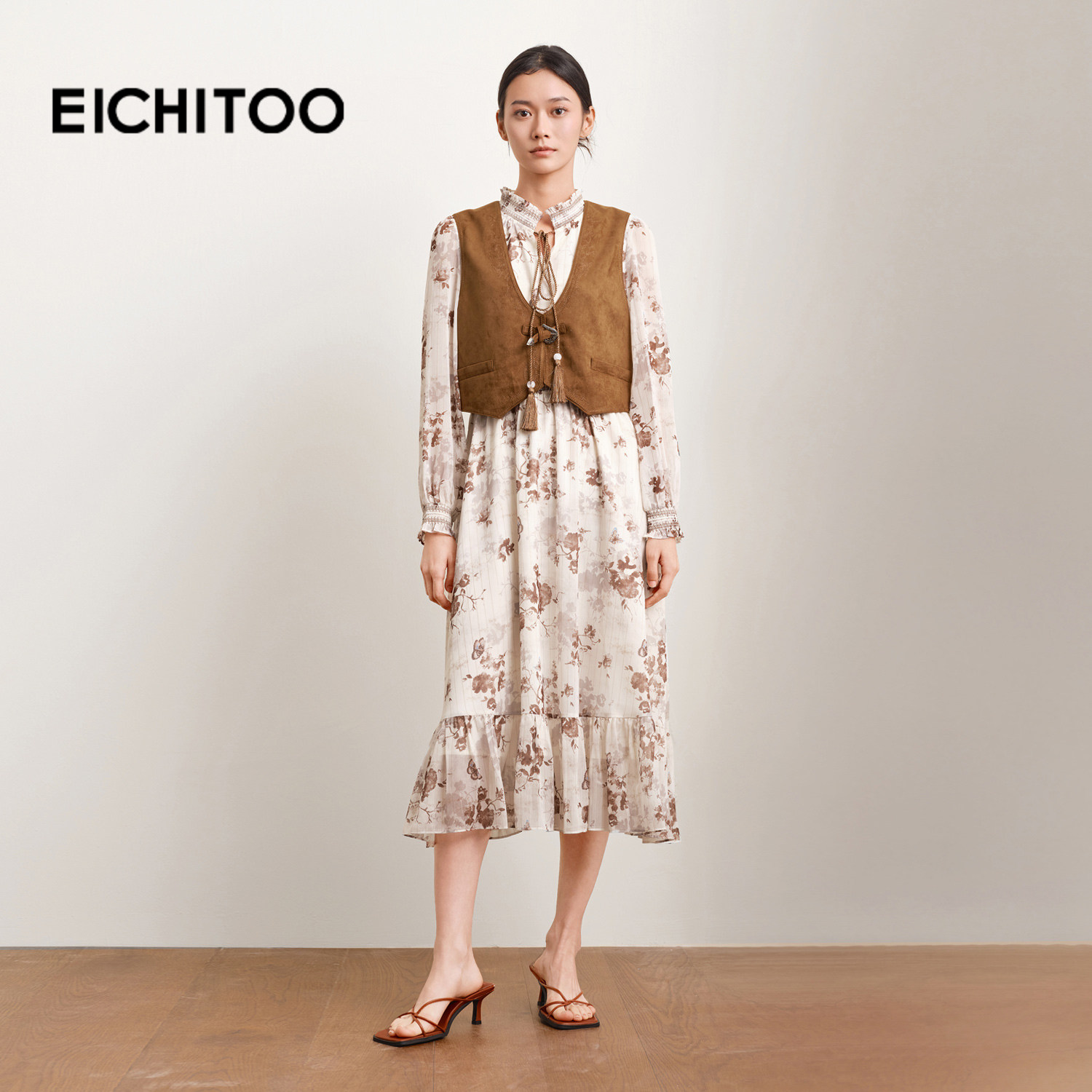 爱居兔两件式复古度假连衣裙女2025年秋季新款含马甲摩登碎花长裙,女装/女士精品,连衣裙,淘宝优惠券,粉丝福利购,淘宝优惠卷