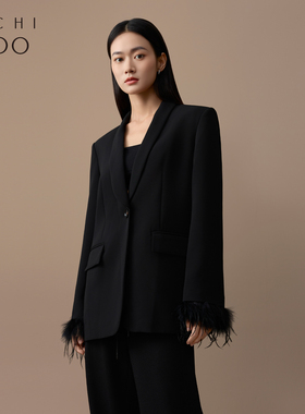 爱居兔黑色西服外套女春秋新款小众设计复古高级职场风小西装