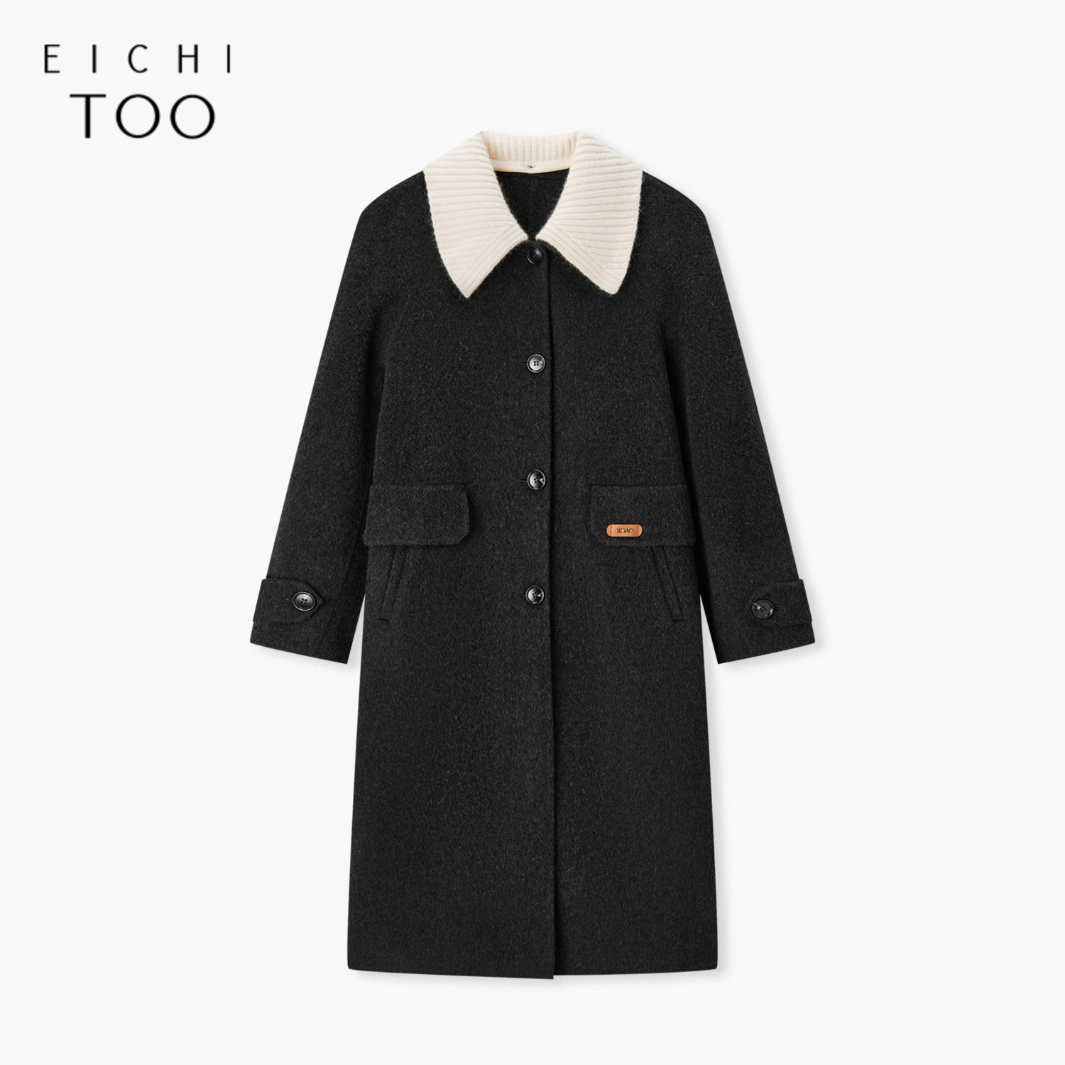 爱居兔可脱卸针织领双面呢大衣女冬季新款保暖防风毛呢外套