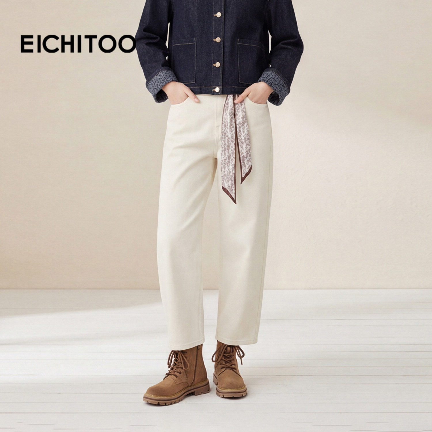 爱居兔米色宽松休闲裤女2026年春季新款丝巾腰带哈伦裤九分裤长裤