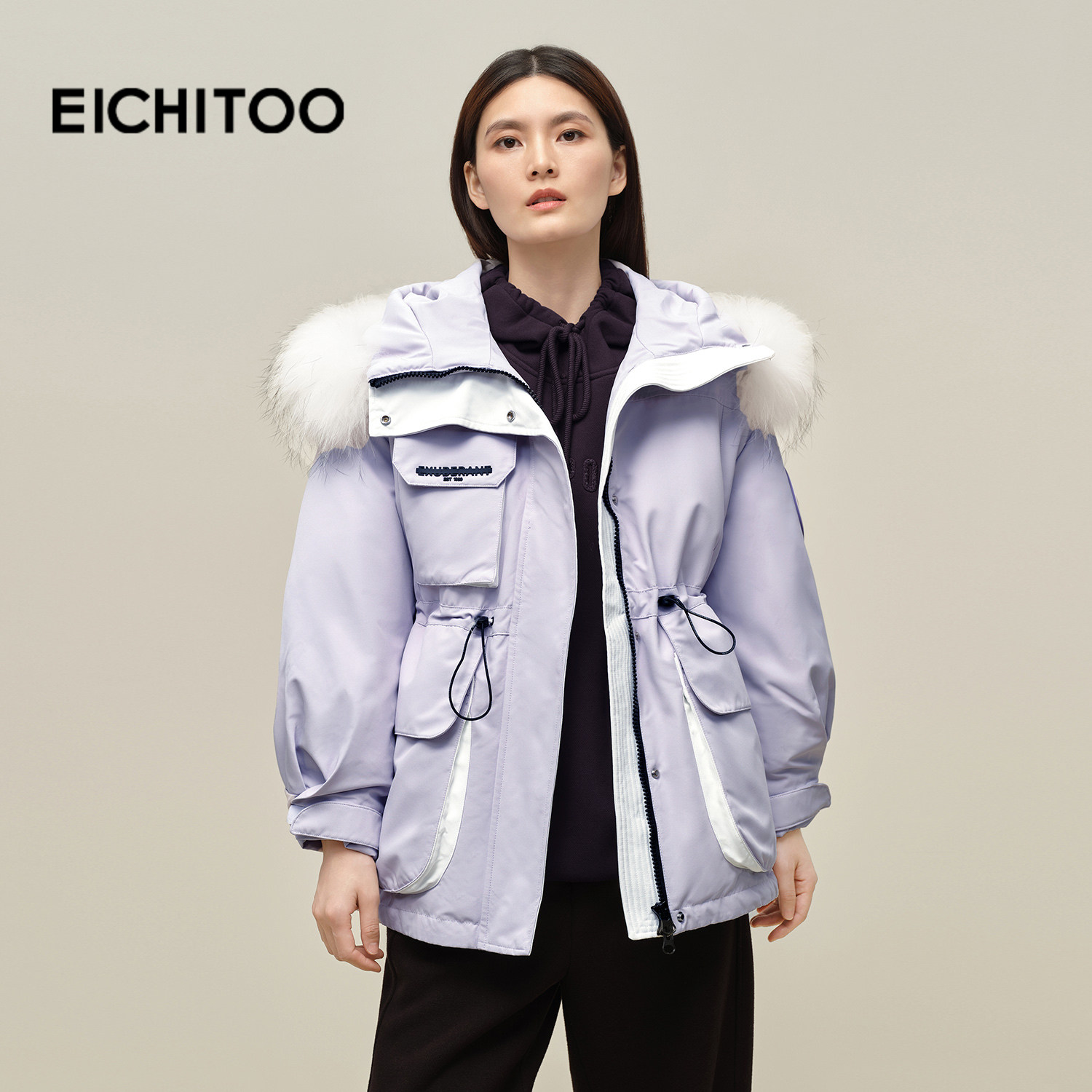 爱居兔紫色带毛领连帽工装羽绒服女2025年冬季新款户外防风派克服